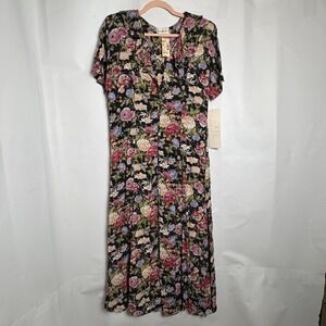 NWT S. Roberts Vintage 90s Dark Floral Maxi Dress Button Front Ruffle 13/14